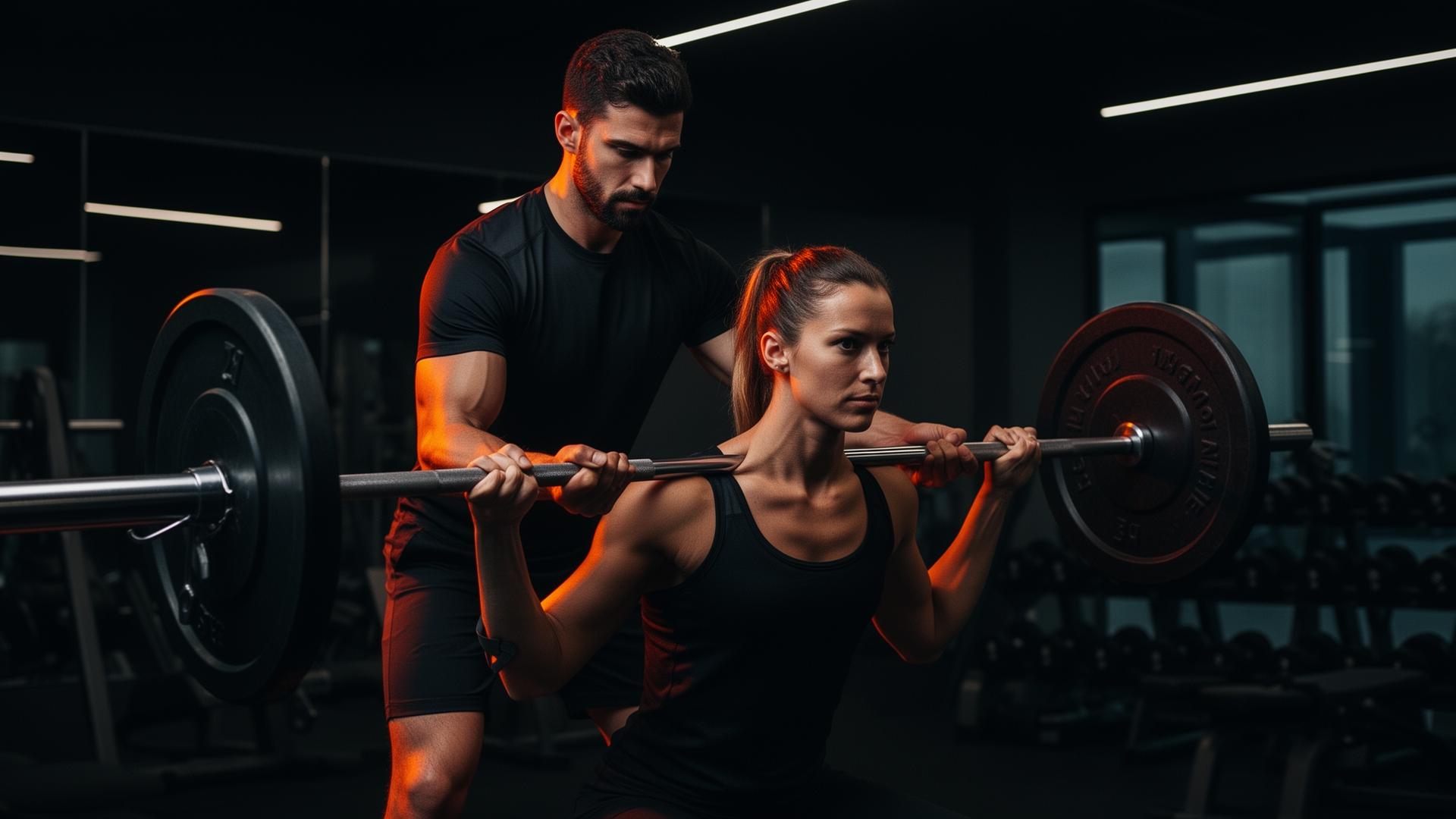 Personal Trainer profesional entrenando a una alumna con barra en gimnasio moderno